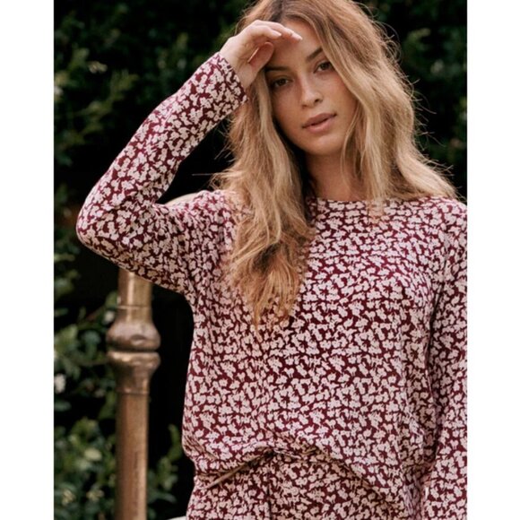 💕THE GREAT💕 The Long Sleeve Sleep Tee + Tap Short ~ Maroon Shadow Floral 0 NWT - Picture 3 of 14